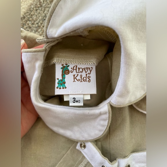 Anvy Kids Peter Pan Collar Taupe Linen Romper Baby Boy Size 3 months - Picture 6 of 6
